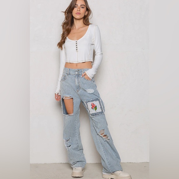 POL Denim - New POL striped denim distressed patchwork boho pants